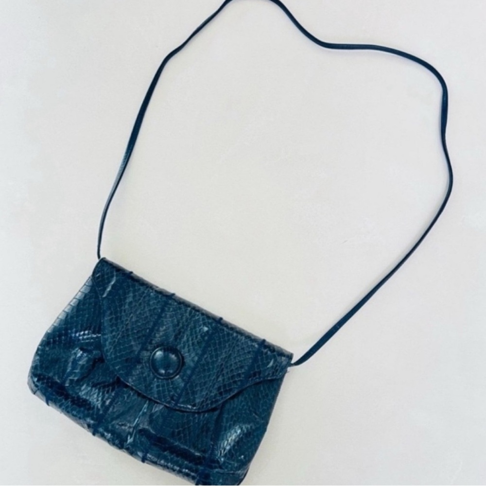 Vintage 80s Palizzio Blue Leather Snakeskin Crossbody